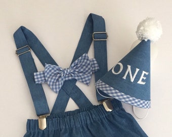 Ref 102> - Lt. Blue Gingham & Jean Boys First Birthday Outfit - Diaper Cover/Suspenders/Bowtie/Hat- 1, 2, 3 or 4 pc. Set-