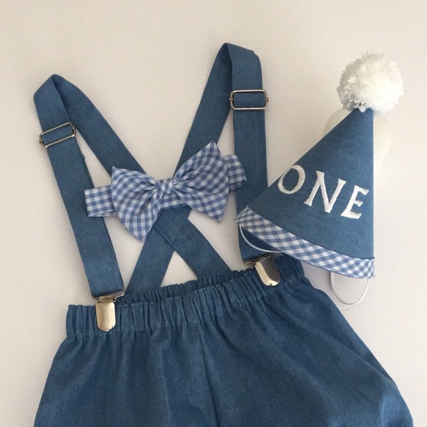 Ref1 02 >- Lt. Blue Gingham & Jean Boys First Birthday Outfit - Diaper Cover/Suspenders/Bowtie/Hat- 1, 2, 3 or 4 pc. Set- Ready to Ship.