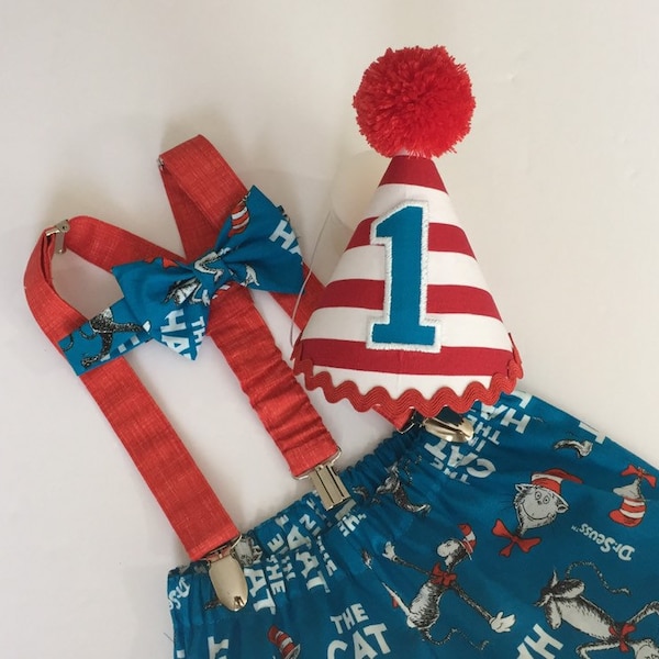 Ref 119 >-A Dr. Seuss Cat in the Hat/  Blue & Red Cake Smash Outfit / First Birthday-4pc Set /