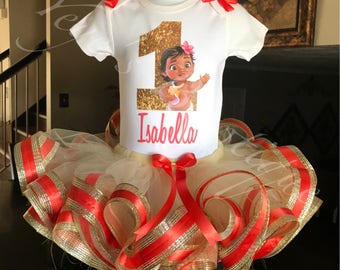 Tangerine Baby Moana Birthday Tutu Outfit | Orange Moana Ribbon Trim Birthday Tutu | First Birthday | 1st Birthday | Custom Shirt | Personal