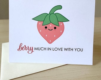 Berry Much in Love With You Strawberry Greeting Card | Funny Fruit Pun Anniversary Card | Cute Valentine’s Day Card | A2 Blank Card