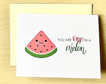 You are One in a Melon | Watermelon Fruit Pun Greeting Card | Cute Valentine’s Day Card | Funny Food Pun Anniversary Card | A2 Blank Card
