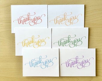 Thank You Card Set | Set of 6 Assorted Rainbow Colors Calligraphy Note Cards | Cute Bridesmaids Appreciation Card | Bridal Shower Thank You