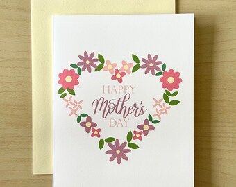 Mother’s Day Floral Heart Wreath Greeting Card | Colorful Flower Card for Mom | A2 Blank Card
