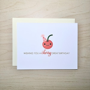 Cherry Pun Geburtstagskarte | Ich wünsche Ihnen Cherry großartigen Geburtstag | Niedliche Punny-Karte für Kinder | Lustiges Kawaii Geschenk für Bestie | A2 Blanko-Karte