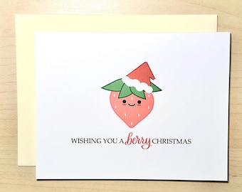 Berry Christmas Strawberry Pun Greeting Card | Cute Xmas Holiday Fruit Card for Kids, Teens, Family, Friends | A2 Blank Card