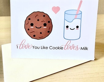 Cute Dessert Valentines Card - Love You Like Cookie Loves Milk | Kawaii Anniversary Card for Foodies, Boyfriend, Girlfriend | A2 Blank Card
