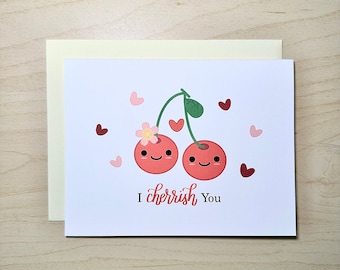I Cherrish You Cherry Greeting Card | Cute Fruit Pun Anniversary Card | Kawaii Funny  Valentine&#39;s Love Card for Her Him | A2 Blank Card