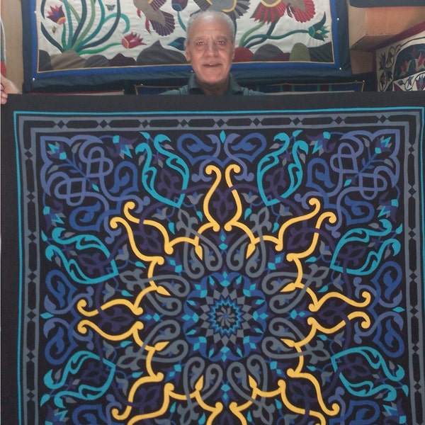 Uncle Ahmed Nageb, Just Gorgeous Blue Rome-Lotus design. This Masterpiece of hand-stitched applique Tentmakers of Cairo Art.