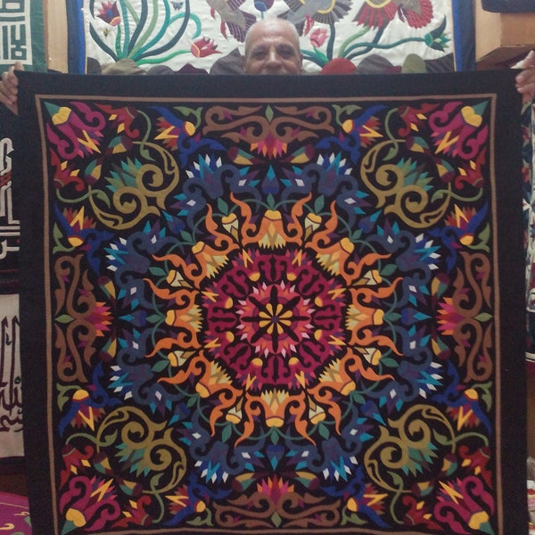 Uncle Ahmed Nageb, A beautiful Rome-Lotus design in dark background. This Masterpiece of hand-stitched applique Tentmakers of Cairo.