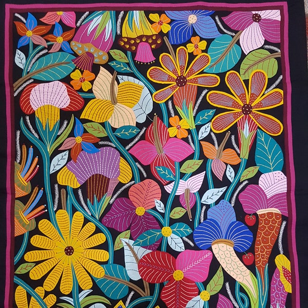 A Fantastic Floral piece by Gamal Kolthoma, This exquisite piece in incredible Multi colors, Dark Background, Tentmakers of Cairo!
