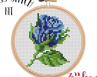Blue Rose Kit. Cross Stitch Kit. Beginner Cross Stitch. Flowers Cross Stitch. Retro Embroidery. Embroidery Set.  Floral Pattern. DIY Kit.