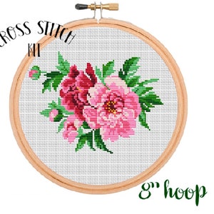 Peonies Flower Kit. 8&quot; hoop Pattern. Cross Stitch Kit. Beginner Cross Stitch. Flowers Cross Stitch. Embroidery Kit.  Floral Cross Stitch Kit