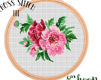 Peonies Flower Kit. 8&quot; hoop Pattern. Cross Stitch Kit. Beginner Cross Stitch. Flowers Cross Stitch. Embroidery Kit.  Floral Cross Stitch Kit