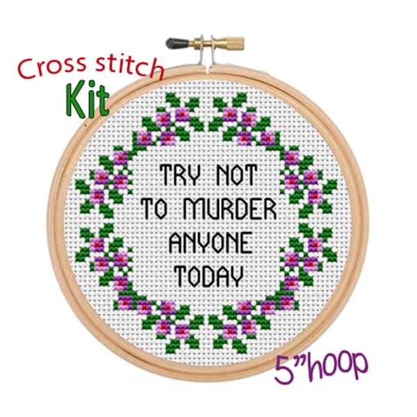Funny Saying Cross Stitch Kit, Beginner Embroidery with Hoop