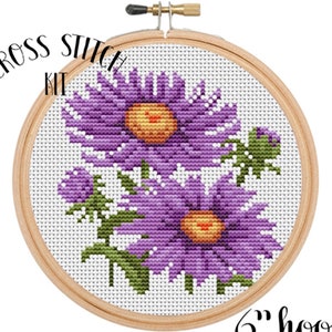 Asters  6&quot; Hoop Cross Stitch Kit. Flowers Cross Stitch Kit. Beginner Cross Stitch. Easy Modern Cross Stitch. Retro Embroidery.