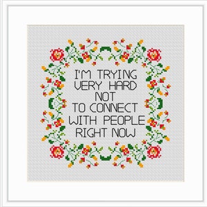 May include: Cross-stitch pattern with a floral border and the text "I'm trying very hard not to connect with people right now".