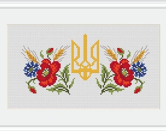 Tryzub. Ukrainian Symbols. Coat Of Arms Of Ukraine. Poppies Cross Stitch Pattern. Ukrainian Ornament Cross Stitch Pattern. Strong Ukraine..