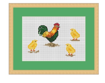 Rooster And Chicks Counted Cross Stitch Pattern. PDF Instant Download. Pattern. Kitchen Decor Pattern. Animals Pattern.