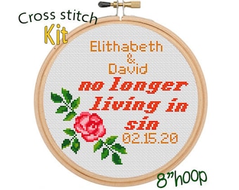 No Longer Living In Sin Cross Stitch Kit. Custom Names Date Kit. Modern Cross Stitch Pattern. Wedding Gift. Bride Groom Cross Stitch Kit.