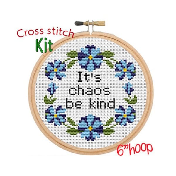 It's Chaos Be Kind. Funny Cross Stitch Kit. Floral Wreath Cross Stitch Pattern. Funny Saying Cross Stitch Kit.