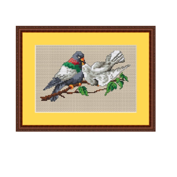 Kissing pigeons Counted Cross Stitch Pattern. PDF Instant Download. Home Decor Pattern. Beginner Needlework Charts Images. Birgs Scheme.