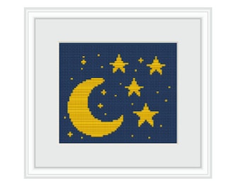 The Moon And The Stars Cross Stitch.Sky Pattern. Moon Cross Stitch Scheme. Stars PDF Chart. Instant Download. Beginner Pattern. Baby Room.