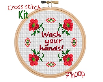 Wash Your Hands Cross Stitch Kit. Beginner Cross Stitch. Flowers Cross Stitch. Bathroom Cross Stitch Kit. Quotes Sayings Kit. Safety Hygiene