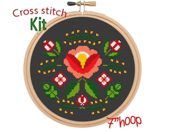 Polish Folk Art Cross Stitch Kit. Flowers Cross Stitch Kit. Beginner Cross Stitch. Easy Modern Cross Stitch. Retro Embroidery.