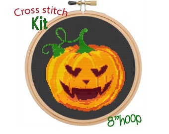 Halloween Cross Stitch Kit. Pumpkin Cross Stitch Kit. Jack O'Lantern Beginner Cross Stitch Kits. Funny Halloween Cross Stitch Kit. Gift.