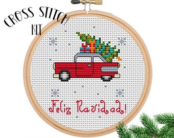 Feliz Navidad Cross Stitch Kit. Voiture de Joyeux Noël avec le kit de point de croix d’arbre de Noël. Ensemble de point de croix de voiture de Noël. Drôle de Noël.