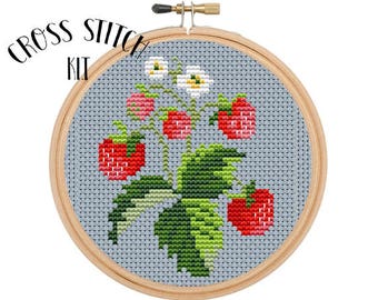 Strawberry Kit. Cross Stitch Kit. Beginner Cross Stitch. Funny Cross Stitch. Retro Embroidery. Embroidery Kit.  Floral Cross Stitch Kit.