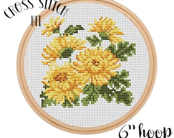 Chrysanthemum 6" Hoop Cross Stitch Kit. Flowers Cross Stitch Kit. Beginner Cross Stitch. Easy Modern Cross Stitch. Retro Embroidery.