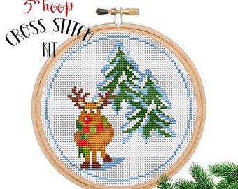 Christmas Deer Ornament Cross Stitch Kit. Christmas Deer Cross Stitch Kit. Funny Winter Cross Stitch Kit.Winter Embroidery.