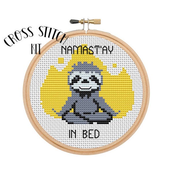 Namast'ay In Bed Cross Stitch  Kit. Beginner Cross Stitch. Funny Cross Stitch. Retro Embroidery. Embroidery Kit.  Animal Cross Stitch Kit.