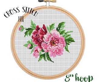 Kit de fleurs de pivoines. 8" cerceau Pattern. Kit de point de croix. Point de croix de débutant. Flowers Cross Stitch. Kit de broderie.  Kit floral de point de croix