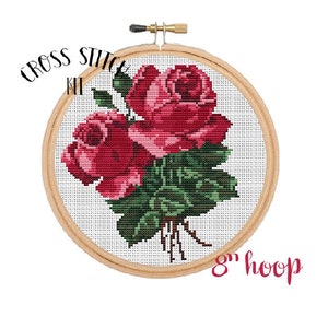 Dark Cherry Roses Kit. 8" hoop Pattern. Cross Stitch Kit. Red Roses Cross Stitch. Flowers Cross Stitch. Embroidery Kit. Floral Cross Stitch