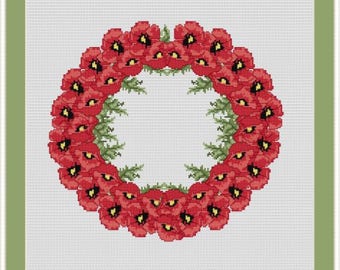 Poppy Seed Flowers Wreath.Tablecloth Centerpiece. Counted Cross Stitch Pattern. PDF Instant Download. Nature. Dining Room Decor Pattern.