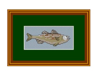 May include: A framed cross-stitch embroidery of a brown and white fish with a light blue background.