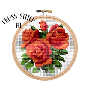 Orange Roses 6&quot; Hoop Cross Stitch Kit. Flowers Cross Stitch Kit. Beginner Cross Stitch. Easy Modern Cross Stitch. Retro Embroidery.