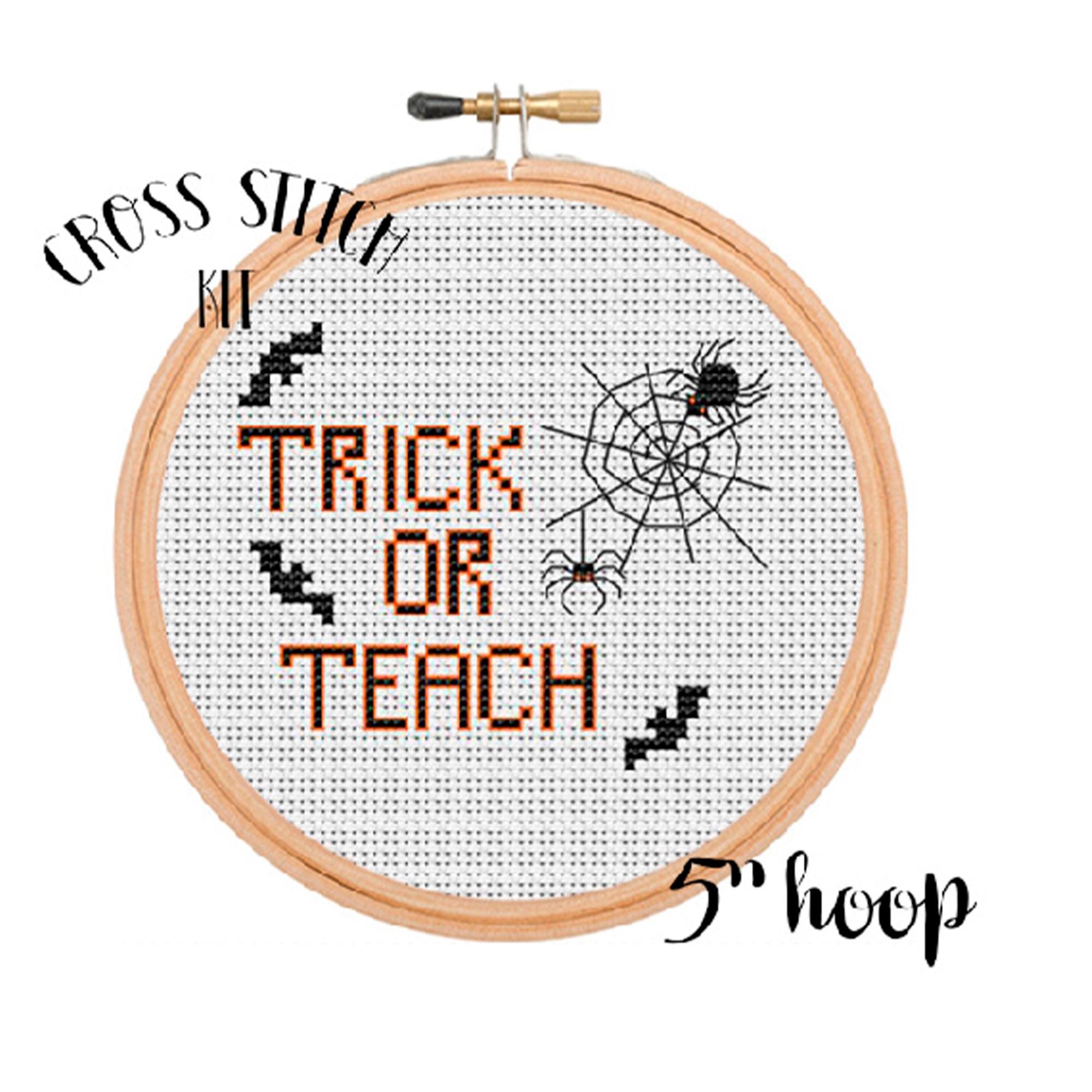 Trick Or Teach. Halloween Cross Stitch Kit. Funny Halloween Cross Stitch.  Modern Cross Stitch Kit. Spider Cross Stitch Kit. Funny Saying.