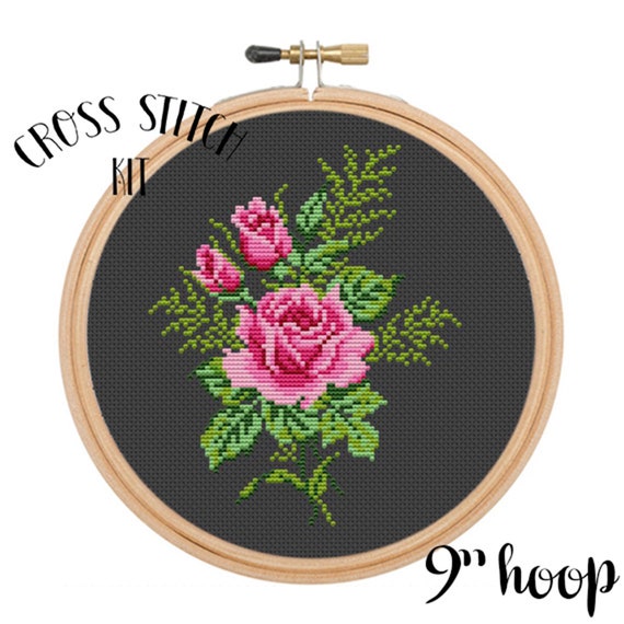 Cacio pink ×5本、 GREEN CROSS×5本 Pink Rose Kit. Cross Stitch Kit. Beginner Cross Stitch