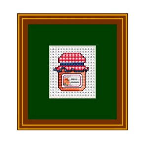 May include: A framed cross-stitch design of a jar of jam with a red and white checked lid. The jar is filled with orange jam and has a white label.