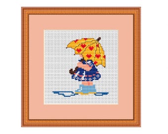 Patrón de punto de cruz de Niña con paraguas. Punto de cruz divertido. Decoración de dormitorio de bebé. Descarga instantánea en PDF. Patrón para principiantes. Gráfico para hacer uno mismo.
