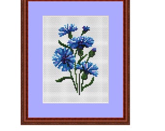 May include: A framed cross-stitch embroidery of a bouquet of blue cornflowers with green stems and leaves.