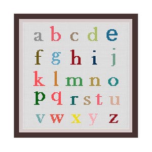 May include: A colorful alphabet cross stitch pattern with letters in various colors, including red, blue, green, yellow, and pink.