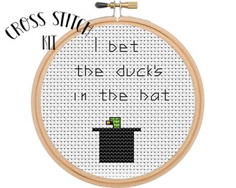 Cross Stitch Kit. I Bet The Duck's In The Hat. Beginner Cross Stitch. Funny Cross Stitch. DMC. Bamboo Hoop. Ready Kit.