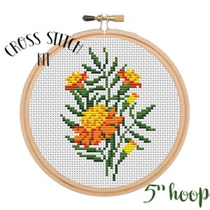 Yellow Marigold Cross Stitch Kit. Flowers Cross Stitch Kit. Marigold Cross Stitch Chart. Orange Flowers Cross Stitch. Retro Cross Stitch