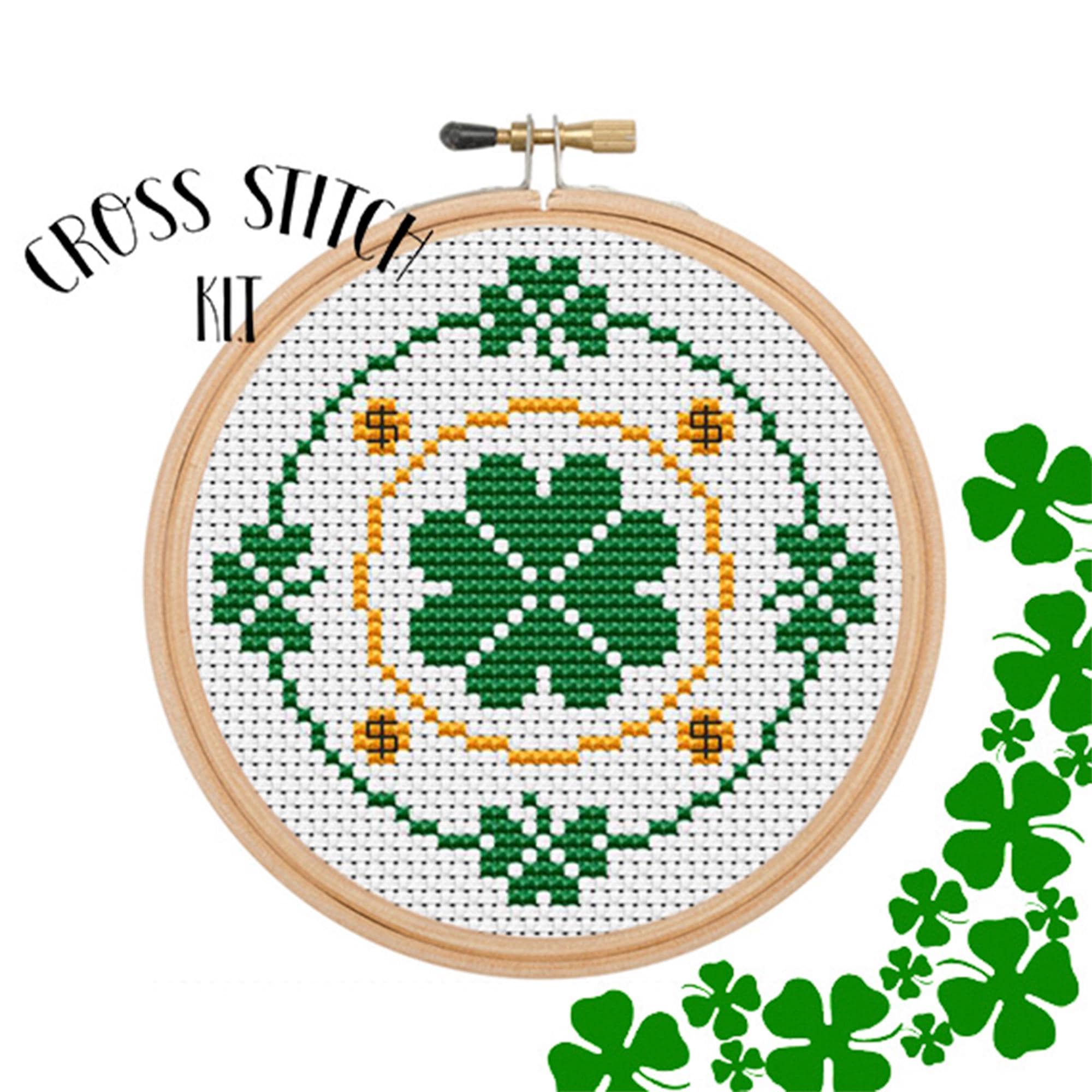 Lucky Clover Coin. Cross Stitch Kit. Beginner Cross Stitch. Funny