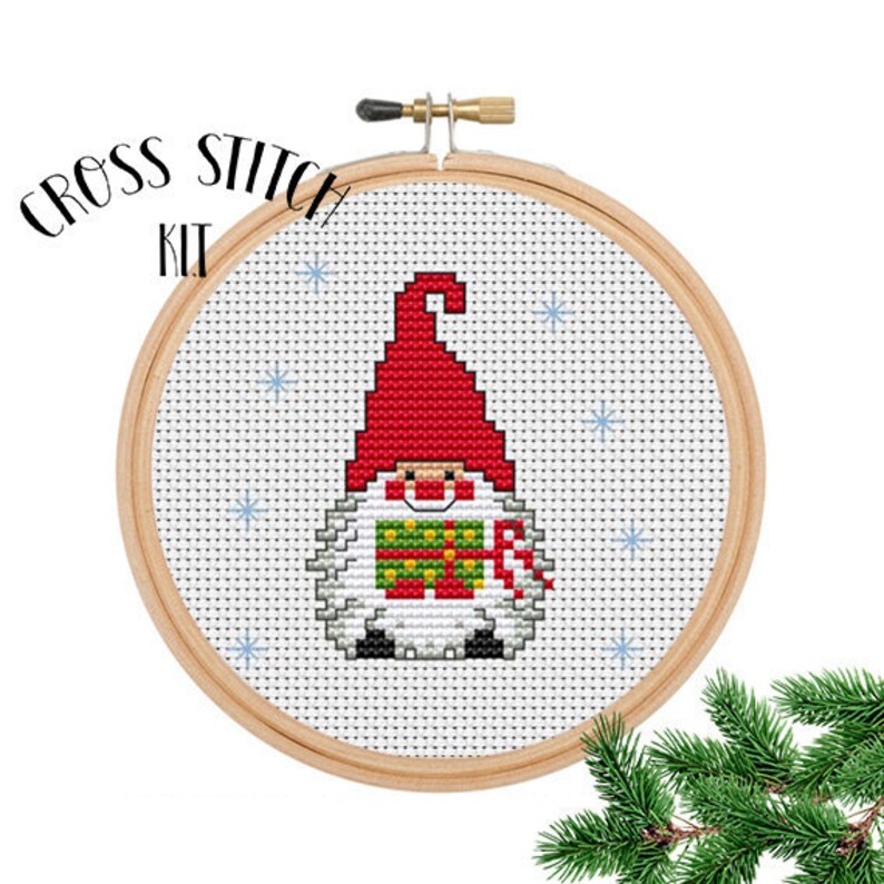 Gnome With Present Cross Stitch Kit. DIY. Cross Stitch. Funny Etsy